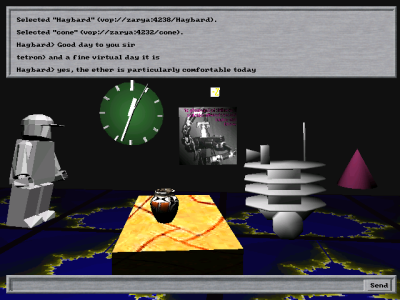 A screenshot of the multiuser 3D VR application [showing] a conversation in cyberspace [with a Lego® minifigure and a robot]